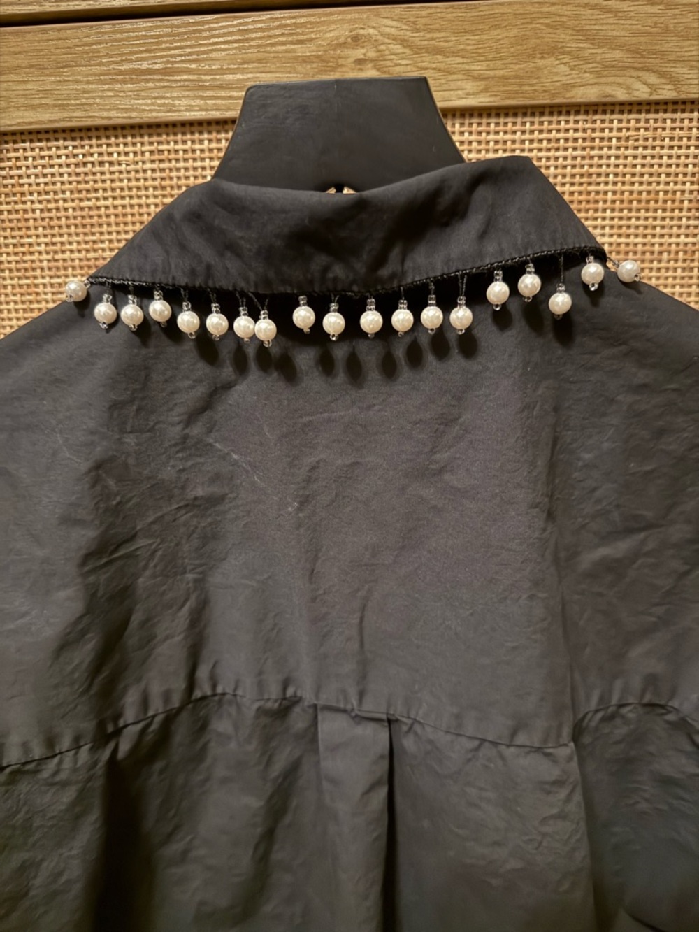 Black Button-Down Shirt with Pearl Trim - Picture 4 of 5